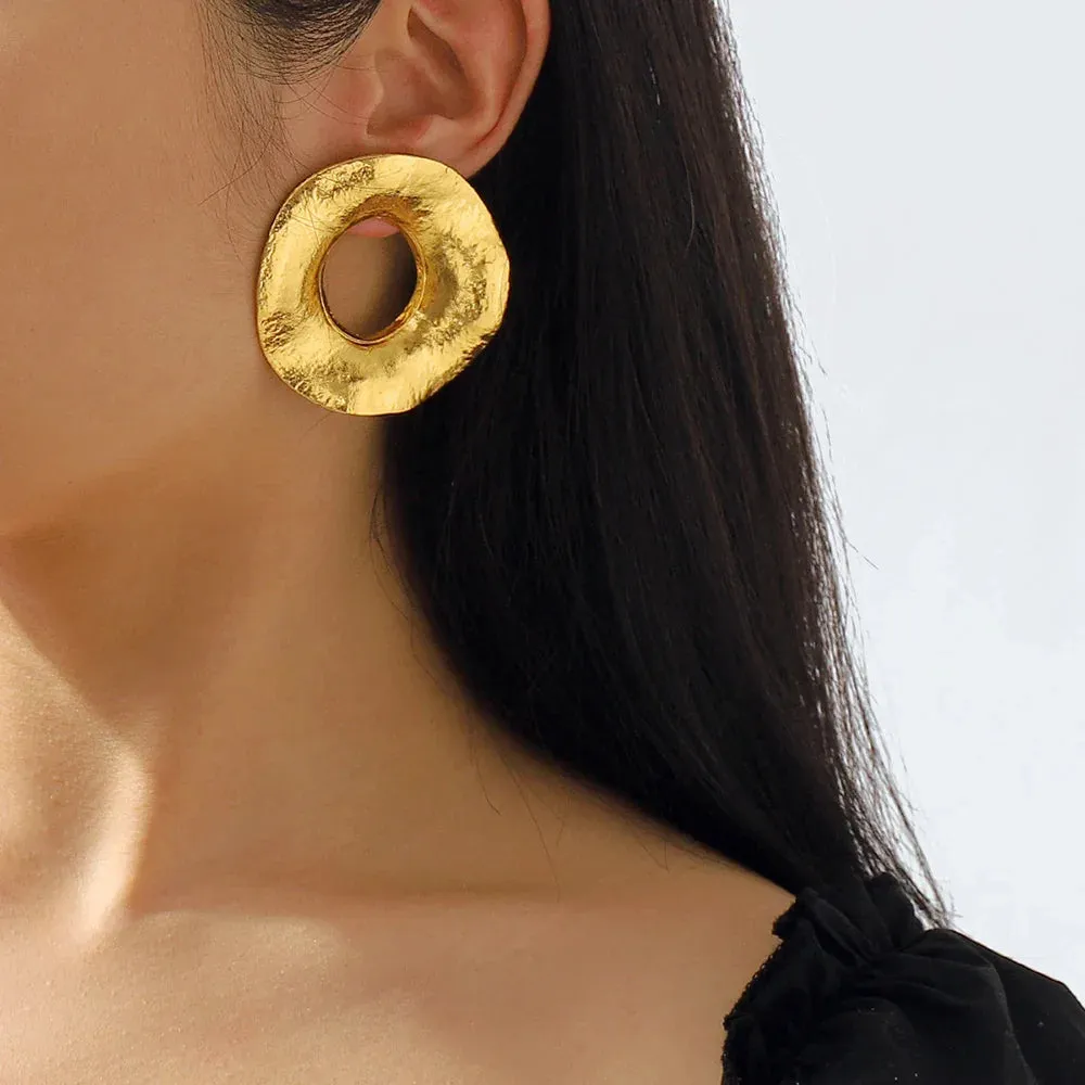 Vintage Gold Large Circle Earrings Creative Design Irregular Geometric Round Earring