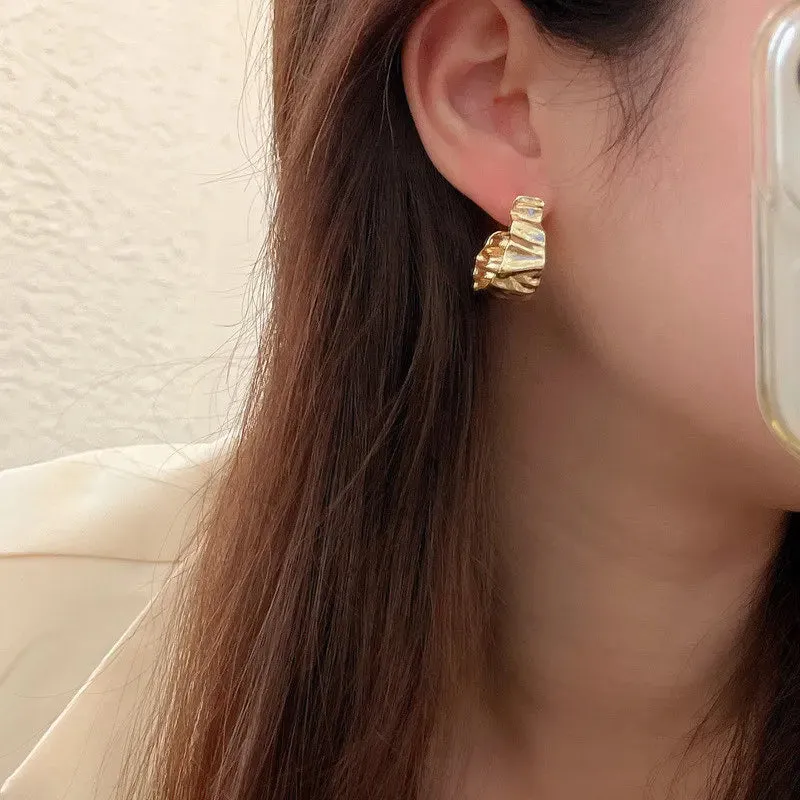 Wavy Pleated Retro Trendy Copper Metal Design Simple Temperament Senior Irregular Earring