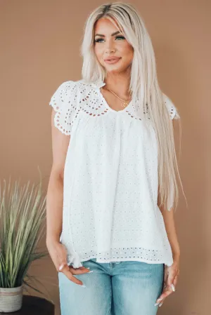 White Eyelet Tassel Tie Flutter Sleeve Top