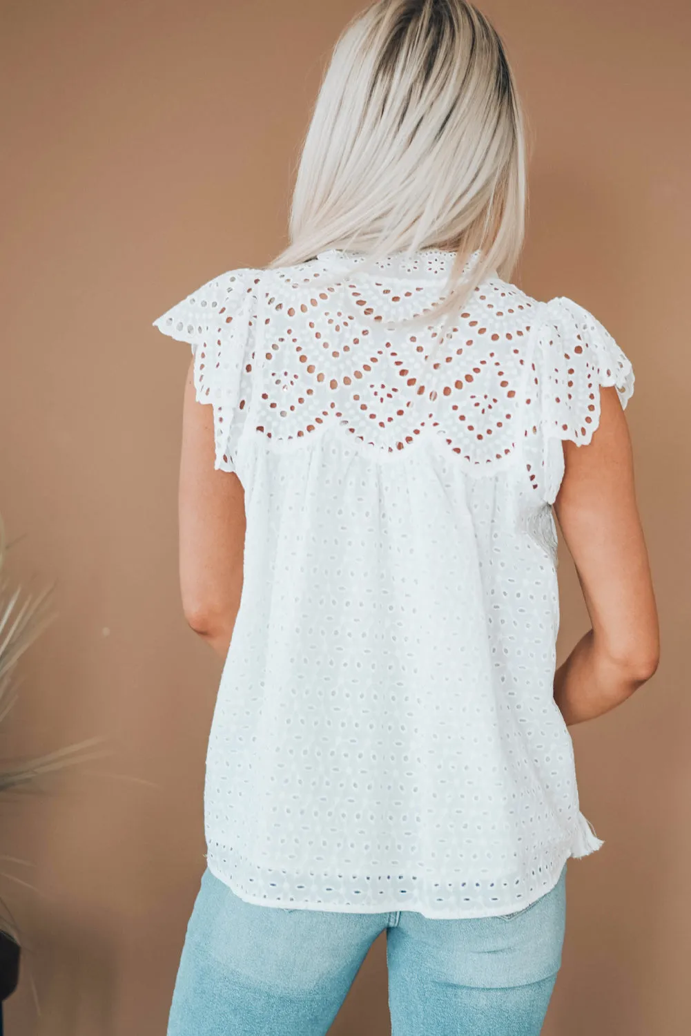 White Eyelet Tassel Tie Flutter Sleeve Top