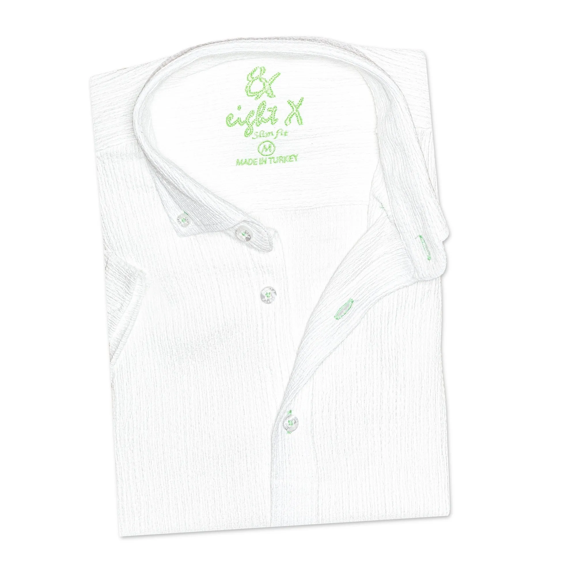 White Seersucker Short Sleeve Shirt With Green Button Stitching