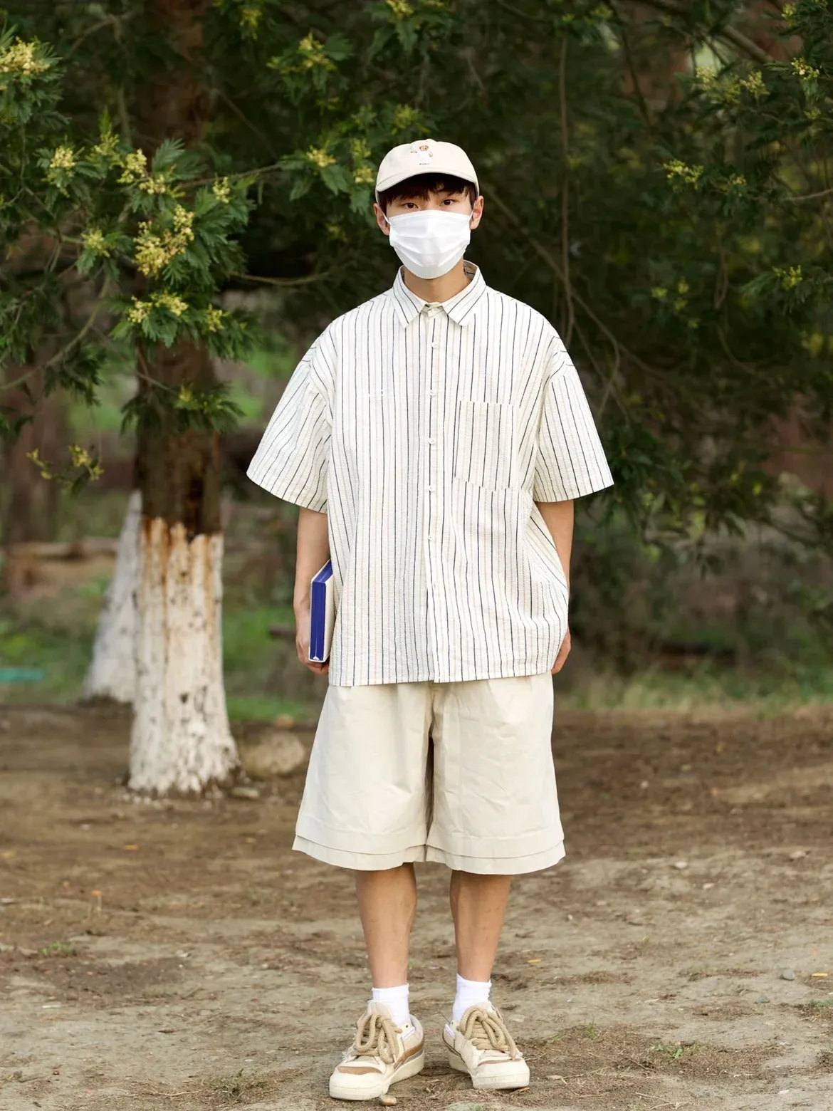 Wiaofellas  -   Japan fashion Embroidered Seersucker Cotton Stripe Short sleeve Shirts Men's and Women's Summer Loose Casua...