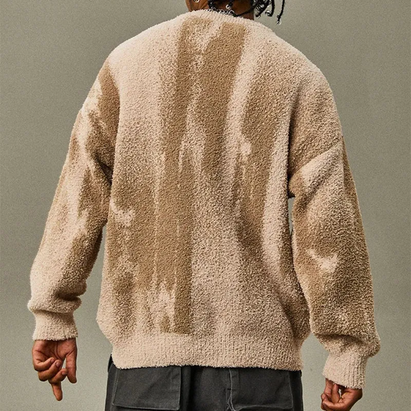 Wiaofellas  -  Trendy Contract Color Men's Sweater Fleece Knit Crew-neck Jumper Tops For Men Winter Fashion Long Sleeve Knitted Pullover