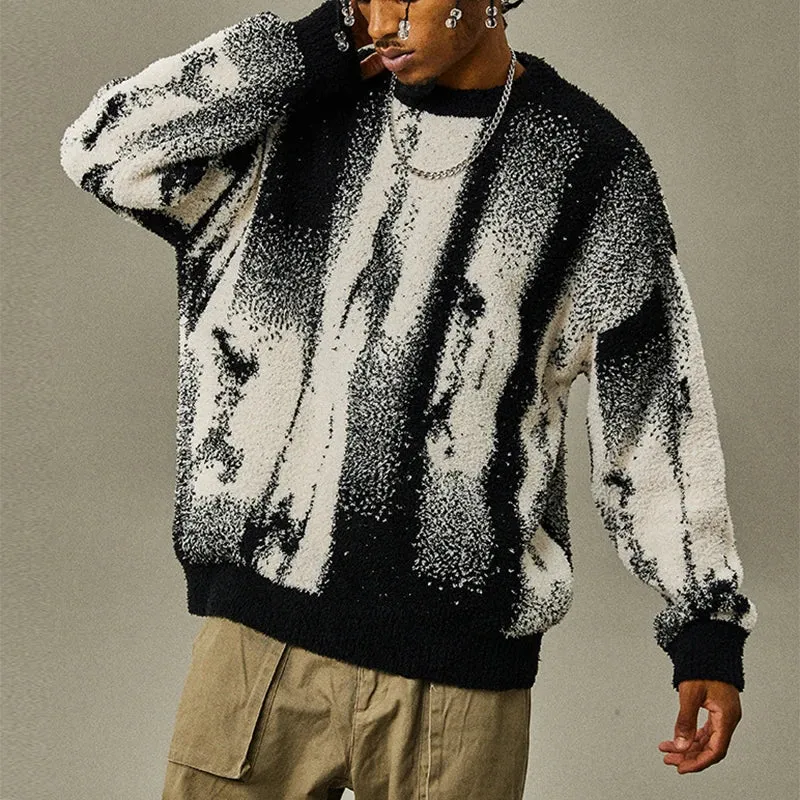 Wiaofellas  -  Trendy Contract Color Men's Sweater Fleece Knit Crew-neck Jumper Tops For Men Winter Fashion Long Sleeve Knitted Pullover