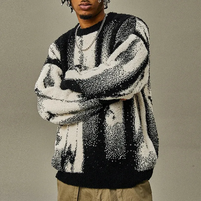 Wiaofellas  -  Trendy Contract Color Men's Sweater Fleece Knit Crew-neck Jumper Tops For Men Winter Fashion Long Sleeve Knitted Pullover