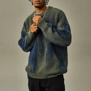 Wiaofellas  -  Trendy Contract Color Men's Sweater Fleece Knit Crew-neck Jumper Tops For Men Winter Fashion Long Sleeve Knitted Pullover