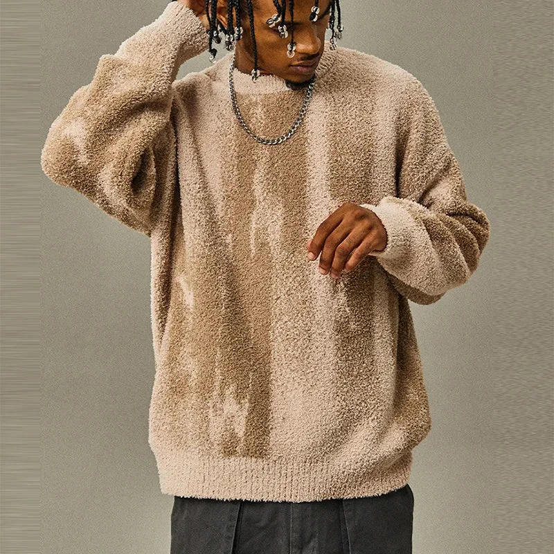 Wiaofellas  -  Trendy Contract Color Men's Sweater Fleece Knit Crew-neck Jumper Tops For Men Winter Fashion Long Sleeve Knitted Pullover