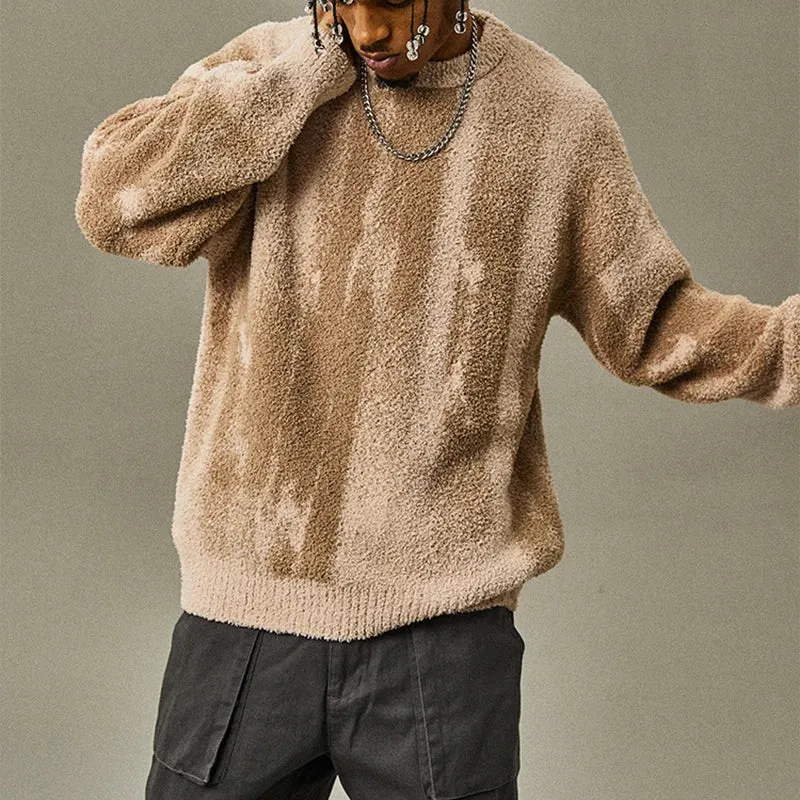 Wiaofellas  -  Trendy Contract Color Men's Sweater Fleece Knit Crew-neck Jumper Tops For Men Winter Fashion Long Sleeve Knitted Pullover