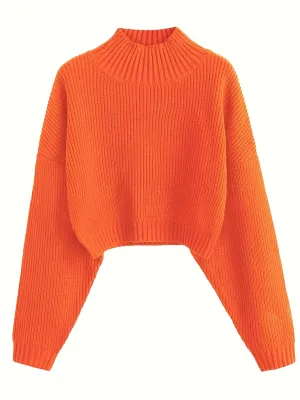 Women's Cropped Turtleneck Sweater - Lantern Sleeve, Ribbed Knit - Cozy & Stylish  VIP DEALS