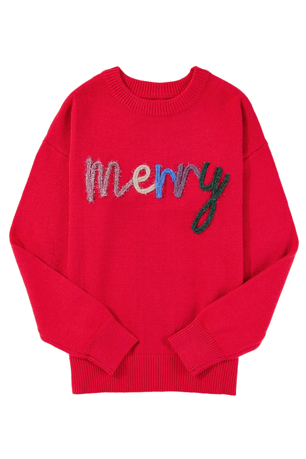 Womens Red Tinsel Merry Letter Drop Shoulder Baggy Sweater