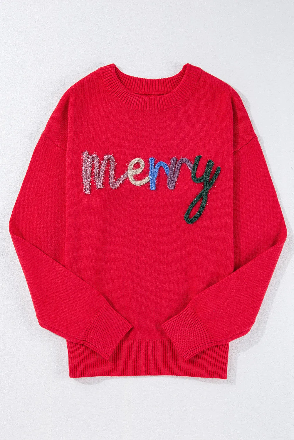 Womens Red Tinsel Merry Letter Drop Shoulder Baggy Sweater