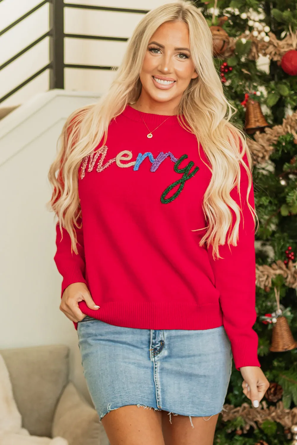 Womens Red Tinsel Merry Letter Drop Shoulder Baggy Sweater