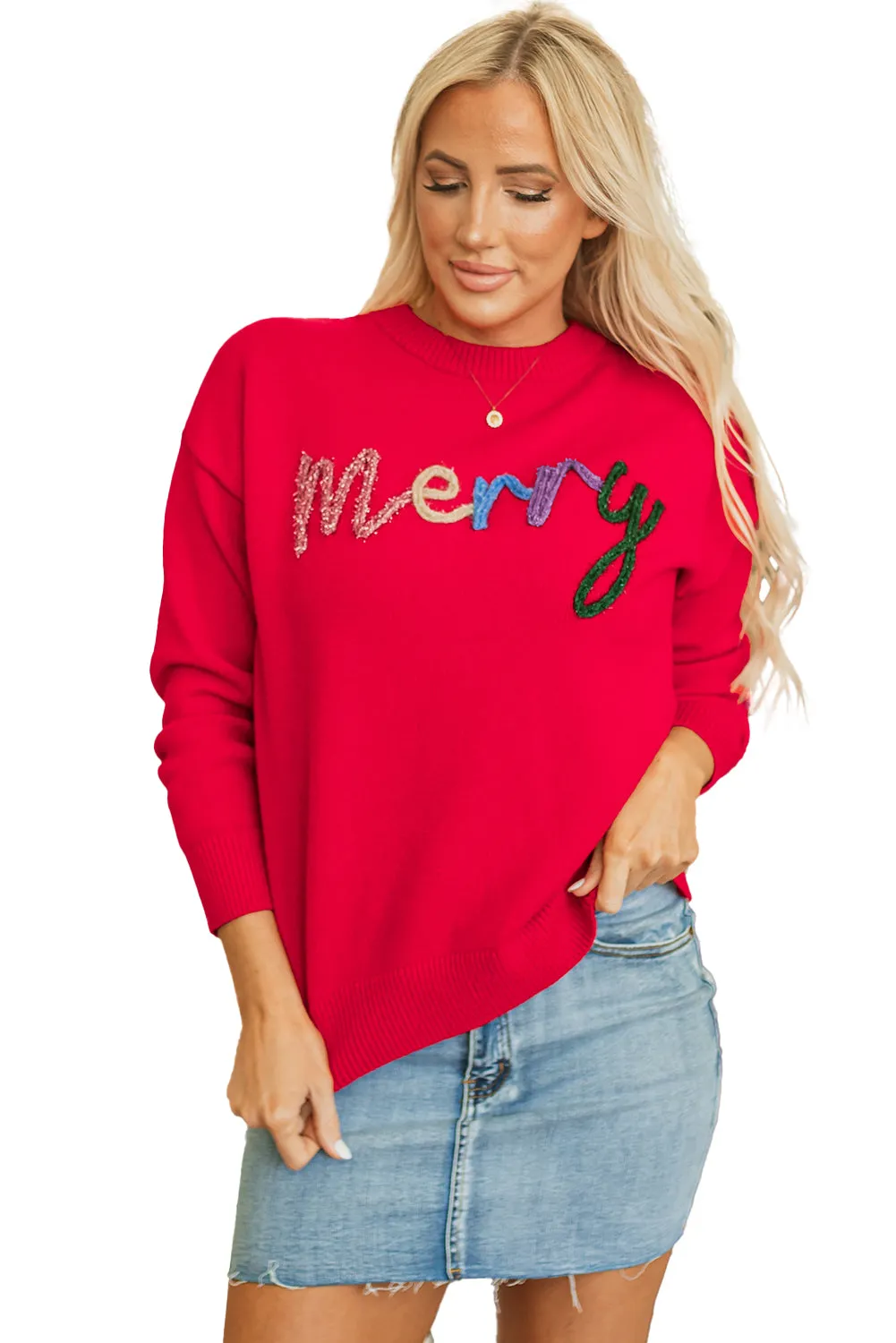 Womens Red Tinsel Merry Letter Drop Shoulder Baggy Sweater