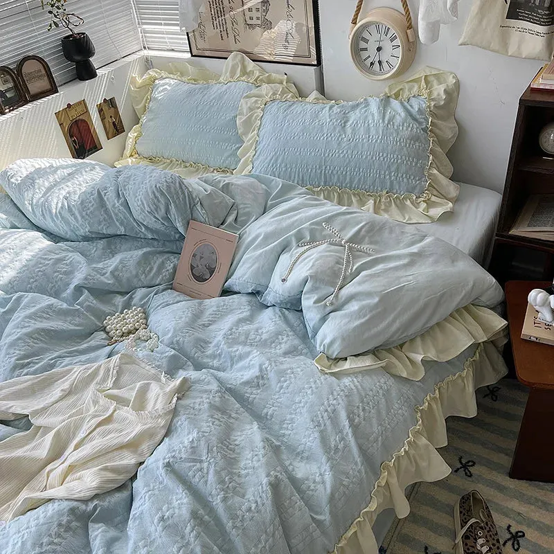Yeknu Pink Korean Princess Style Lace Ruffles Bedding Set Skin-friendly Seersucker Duvet Cover Set Fitted Sheet/Bed Sheet Pillowcases