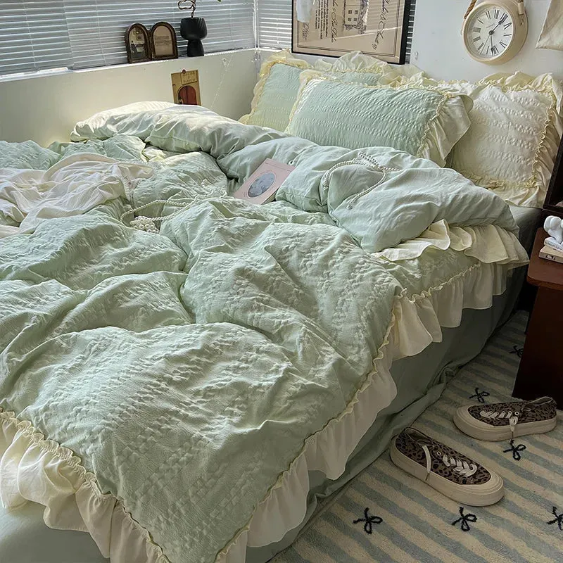 Yeknu Pink Korean Princess Style Lace Ruffles Bedding Set Skin-friendly Seersucker Duvet Cover Set Fitted Sheet/Bed Sheet Pillowcases