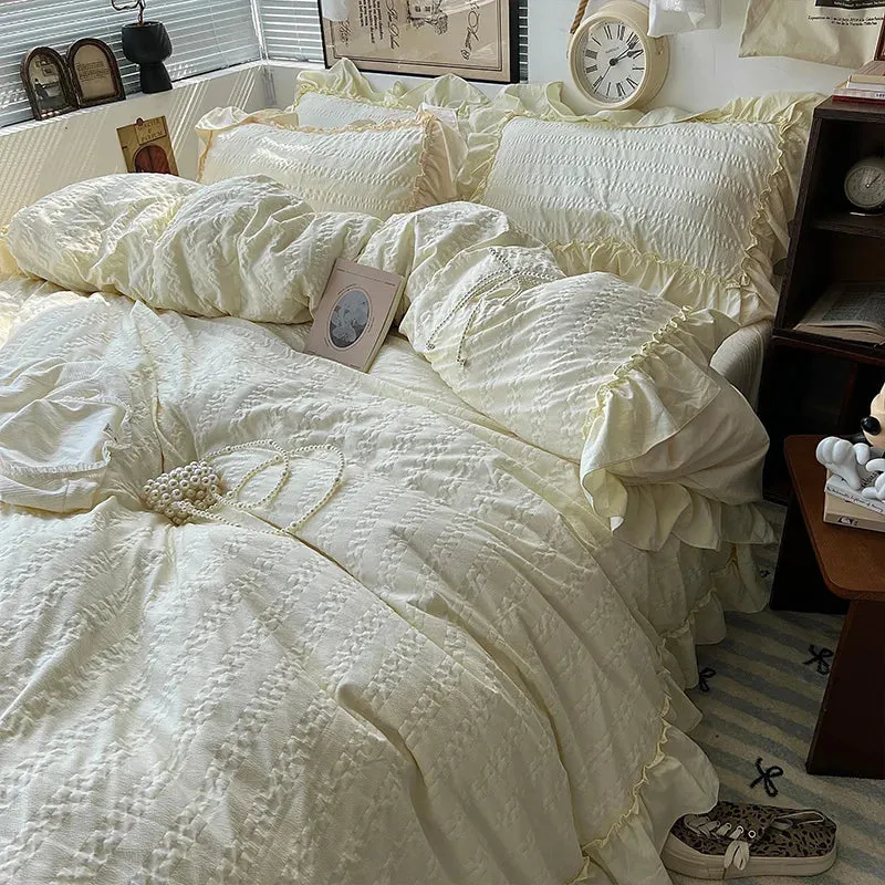 Yeknu Pink Korean Princess Style Lace Ruffles Bedding Set Skin-friendly Seersucker Duvet Cover Set Fitted Sheet/Bed Sheet Pillowcases