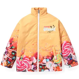 Yellow Candy Print Stand Collar Padded Coat