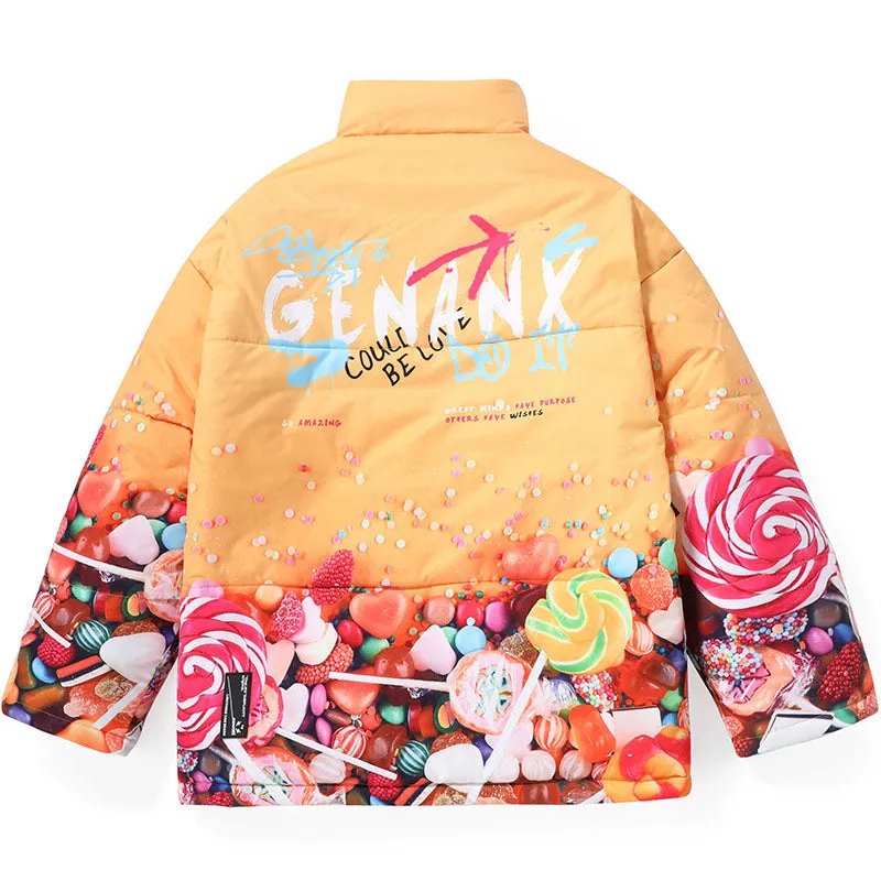 Yellow Candy Print Stand Collar Padded Coat