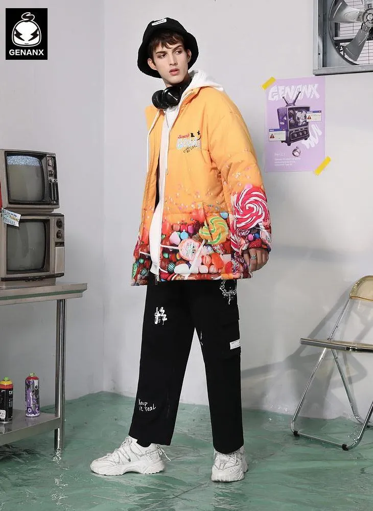Yellow Candy Print Stand Collar Padded Coat
