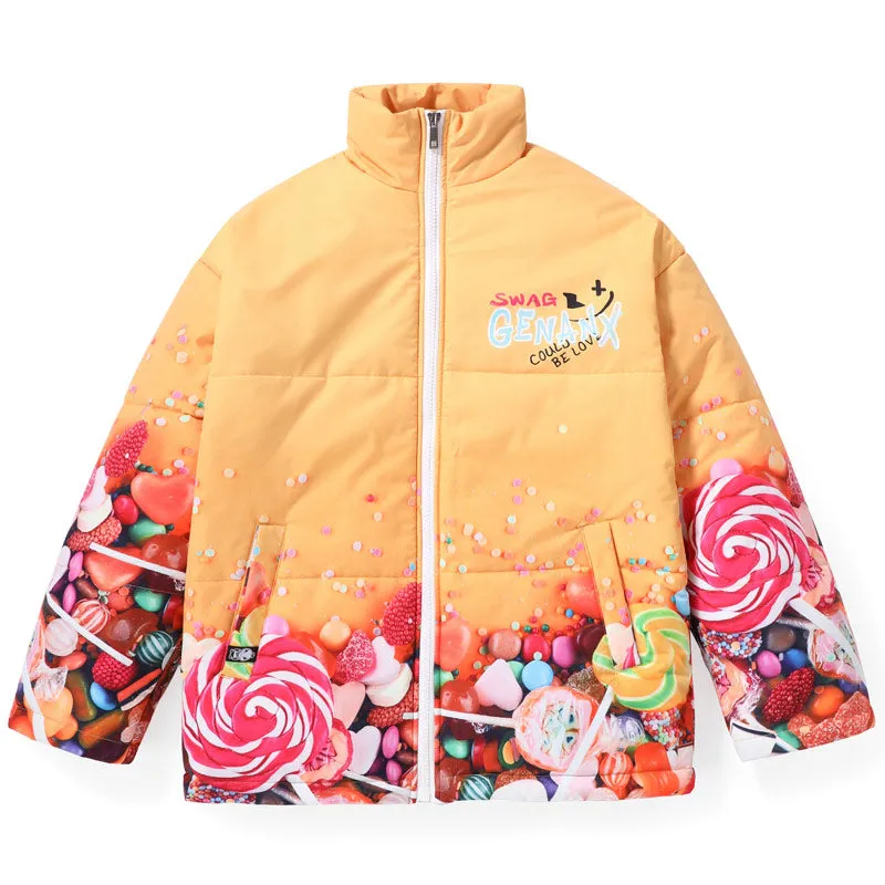 Yellow Candy Print Stand Collar Padded Coat