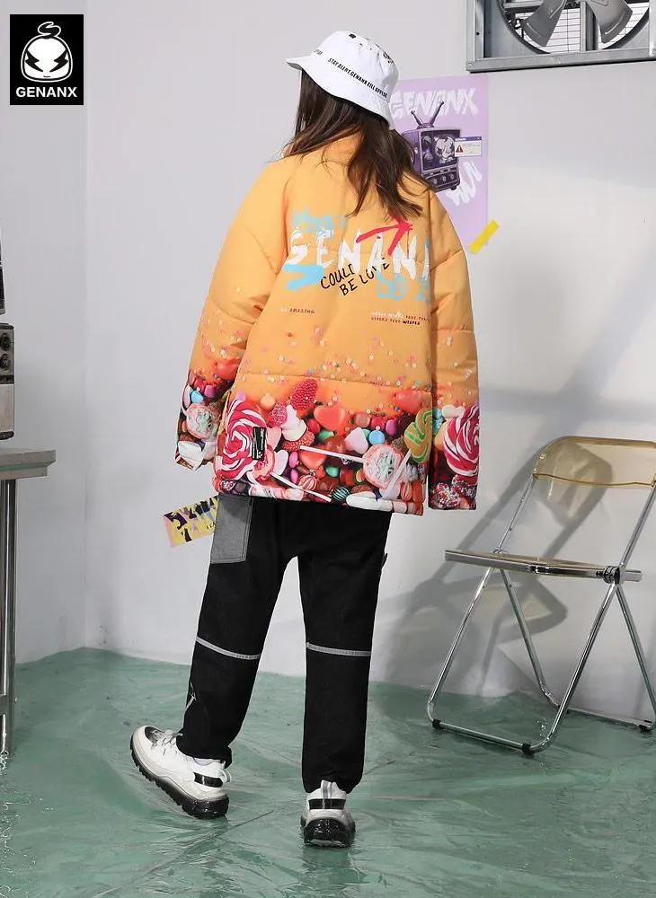 Yellow Candy Print Stand Collar Padded Coat